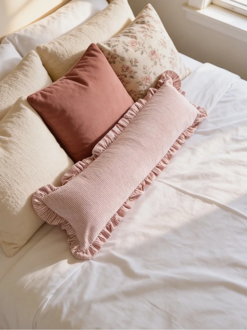 Pink Pinstripe Ruffle Lumbar Pillow Cover 32x12 Cottagecore Farmhouse